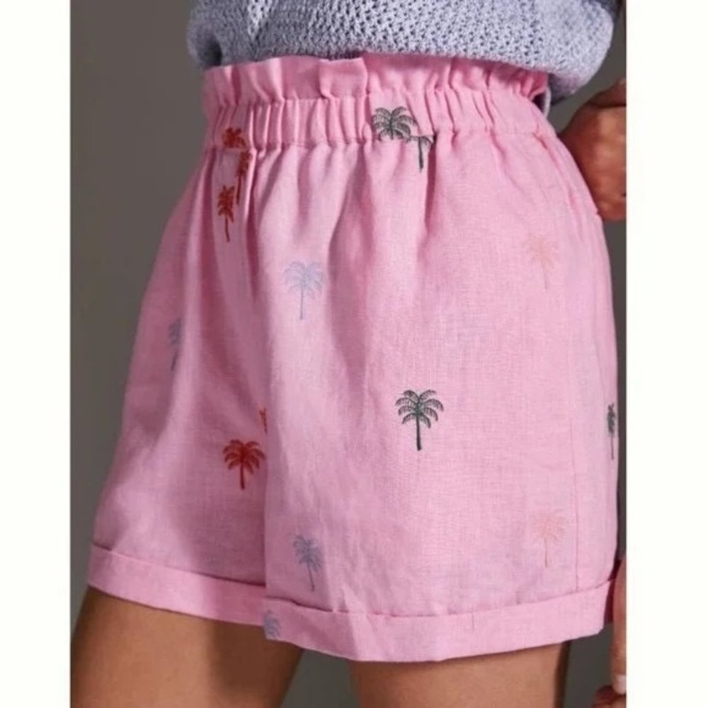 NWT Anthropologie FARM RIO Embroidered Pink Shorts Palm Trees Linen Size M - Picture 3 of 8